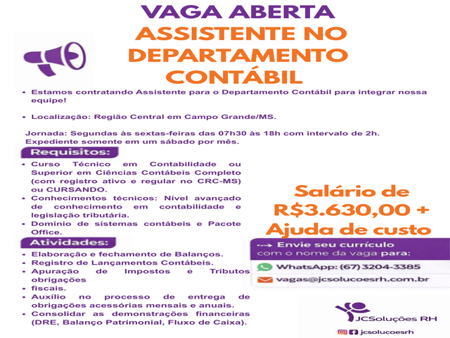CONTRATASE PARA DEPARTAMENTO FISCAL E CONTÁBIL 2 VAGAS