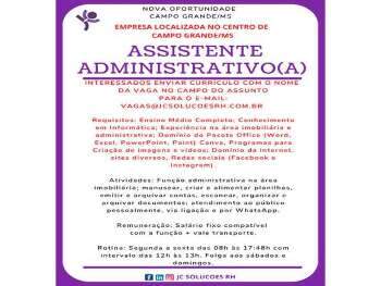 Vaga para o cargo de Assistente Administrativa 