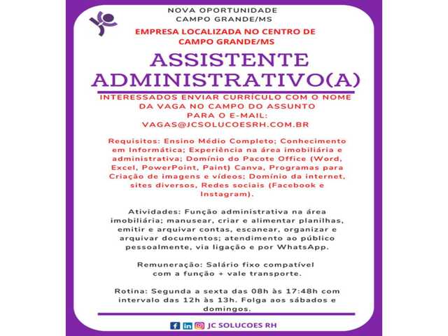 Vaga para o cargo de Assistente Administrativa 