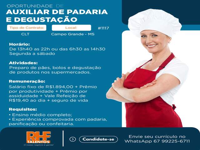 VAGAS DE EMPREGOS PARA AUXILIAR DE PADARIA E PADEIRO