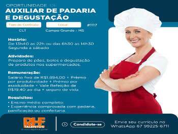 VAGAS DE EMPREGOS PARA AUXILIAR DE PADARIA E PADEIRO