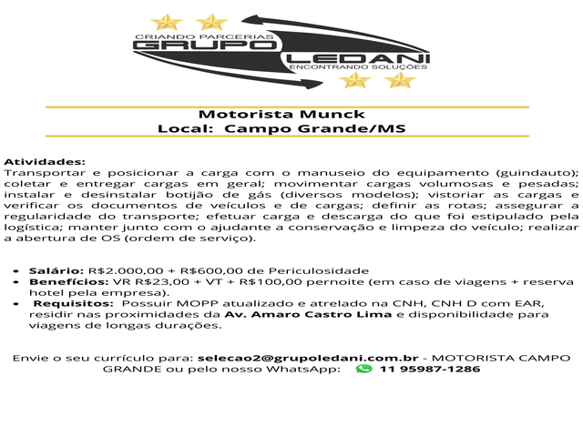 CONTRATA-SE MOTORISTA DE MUNCK EM CAMPO GRANDE