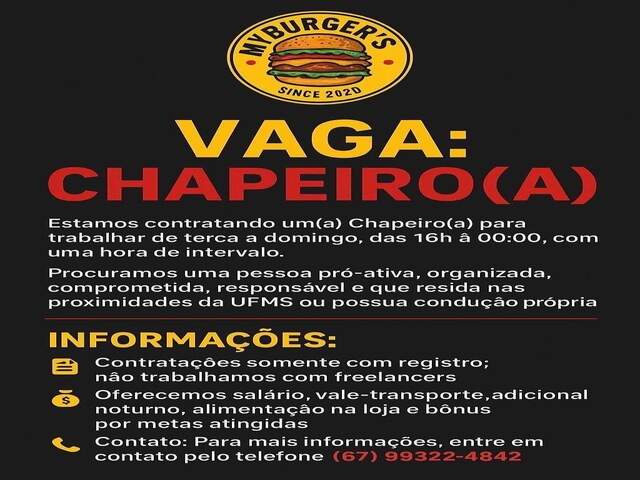 Chapeiro de Burger e Auxiliar de Cozinha 
