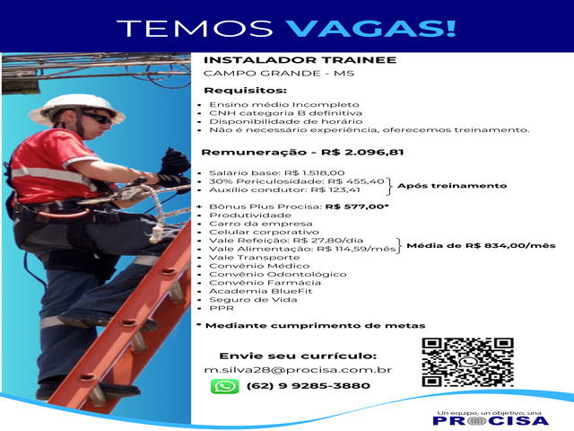 Vaga - Intalador trainee - Telecomunicações
