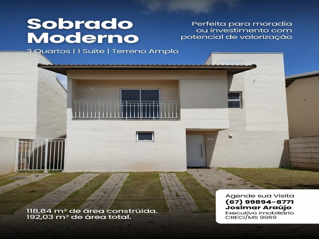 Sobrado Moderno | 118,84 m&sup2; | 3 Quartos (1 Su&iacute;te) | Conforto e Funcionalidade