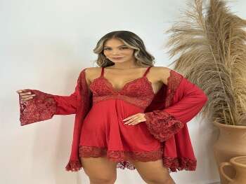 Camisola com Robe Manga Longa -  Vermelho/Fios Dourados
