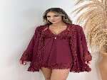 Camisola com Robe Manga Longa  &ndash; Marsala/Fios Dourados