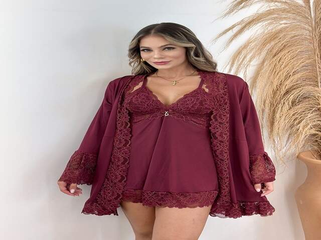 Camisola com Robe Manga Longa  &ndash; Marsala/Fios Dourados