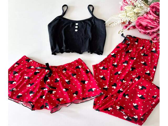 Pijama Cropped Blogueira em Suede com 3 pe&ccedil;as - Estampa Cora&ccedil;&atilde;o