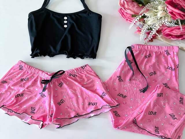 Pijama Cropped Blogueira em Suede com 3 pe&ccedil;as - Estampa Love