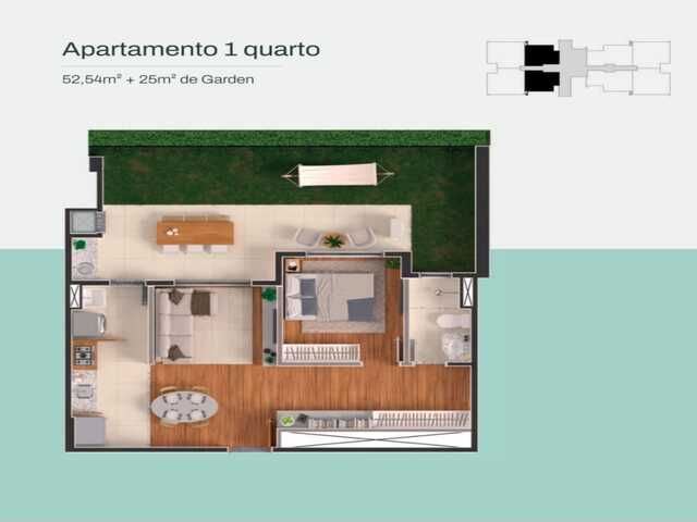 1 Quarto | 52,54 m² + 25 m² de garden | Entrada de 9% | Arbo Parque dos Poderes