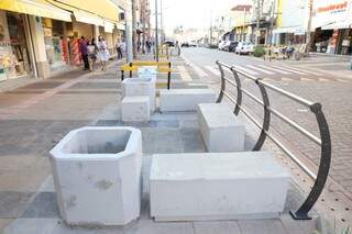 Lixeira e bancos de concretos para a população sentar (Foto: Paulo Francis)