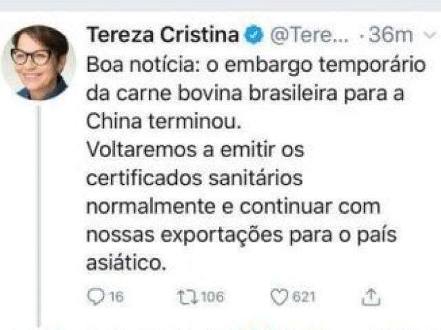 Brasil voltar&aacute; a exportar carne bovina para a China, anuncia ministra