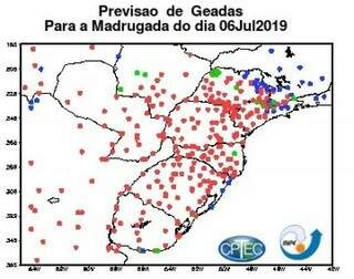 Mapa do CPTEC aponta, em vermelho, locais com condições favoráveis à formação de geada em 6 de julho; em verde, possibilidade mínima e, em azu, sem risco. (Foto: CPTEC)