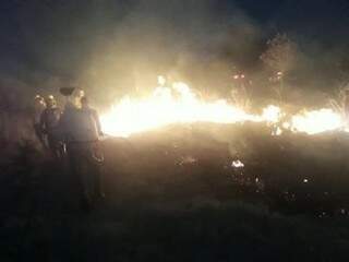 Brigadistas combatem queimada na região da terra indígena Kadiwéu, em Porto Murtinho (Foto: Divulgação/Prevfogo)