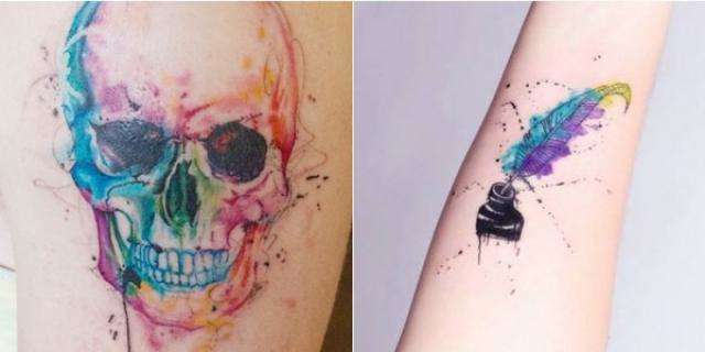 Tatuagem com tra&ccedil;os de aquarela d&aacute; colorido diferente ao corpo