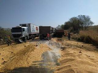 Colisão frontal entre caminhão e carreta envolveu outros dois veículos de carga nesta manhã na BR-163 (Foto: Adilson Domingos)