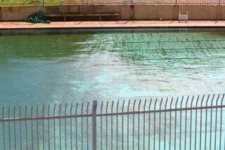 No detalhe, algas na água da piscina no dia 15 de fevereiro. (Foto: André Bittar)