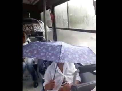 Passageiros abrem guarda-chuvas dentro de coletivo para se proteger de goteiras