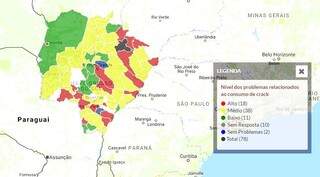 Mapa com municípios sul-mato-grossenses sobre nível dos problemas relacionados ao consumo de crack. (Foto: Reprodução/ Observatório CNM)