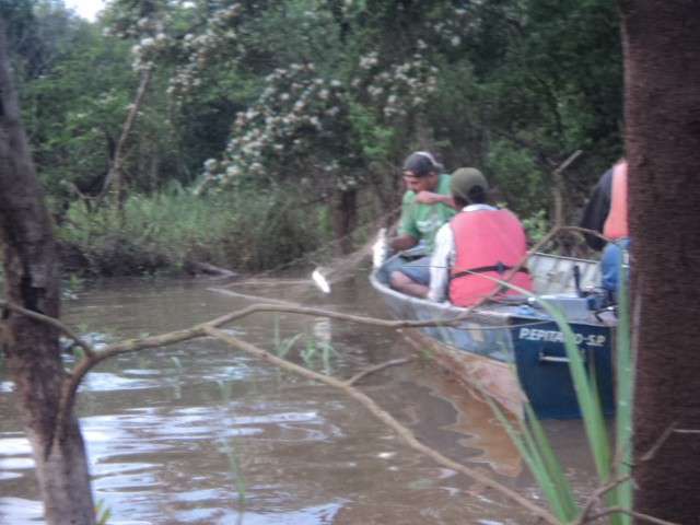 Pol&iacute;cia flagra homens retirando peixes de rede de pesca no Rio Anhandu&iacute;