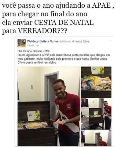 Vereador posa com cesta no Facebook, agradece APAE e depois fala em erro