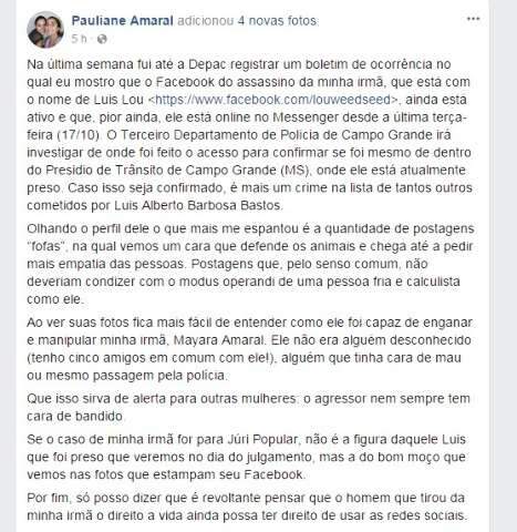 Irm&atilde; de Mayara Amaral denuncia celular &quot;on-line&quot; de r&eacute;u preso pelo assassinato