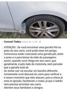 Mensagem circula em grupos de Whatsapp alertando sobre nova tática para roubar carro (Foto: Facebook/Reprodução)
