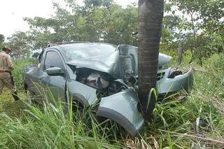 O veículo só parou quando bateu em um coqueiro. A copa da árvore caiu.(Foto: Simão Nogueira)