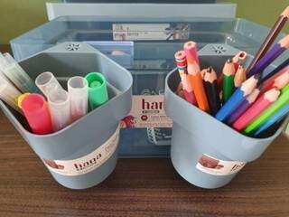 Os lápis de cor e as canetinhas estão organizadas (Foto: Arquivo pessoal)