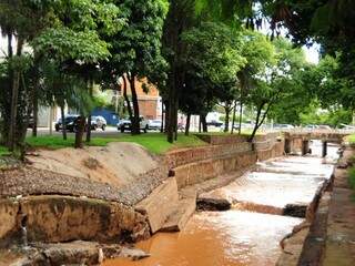 Chuva deixou sujeira ao redor de córregos e avenida. (Foto: Rodrigo Pazinato)