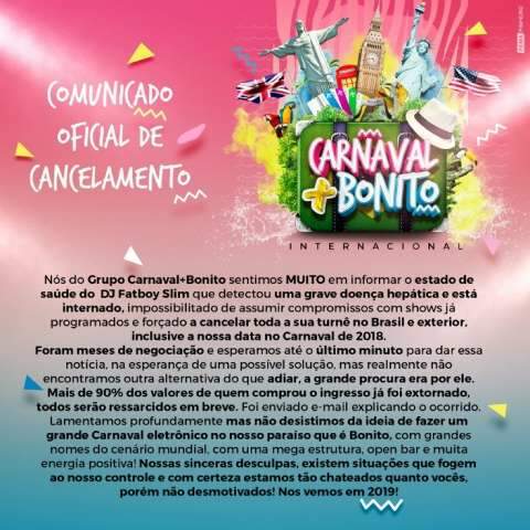 Carnaval Mais Bonito, com Paris Hilton e Fatboy Slim, &eacute; cancelado