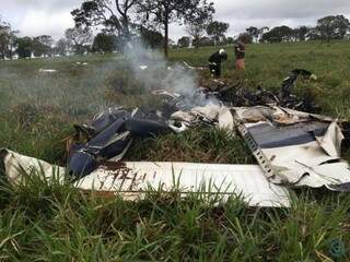 Os destroços do avião ficaram espalhados pela pastagem da propriedade. (Foto: Alisson Silva/Edição MS) 