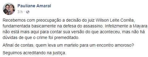  Fam&iacute;lia de Mayara  acredita que tese de feminic&iacute;dio n&atilde;o vai passar 