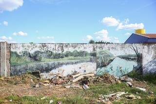 Paisagem inspirada nos rios Aquidauana e Miranda, pintada no muro do Ceinf abandonado (Foto: Paulo Francis)