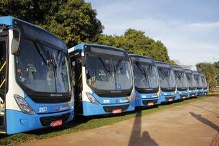 Novos ônibus do sistema de transporte público de Dourados; veículos são branco e azul, mas empresa é a mesma de duas décadas (Foto: Chico Leite/Divulgação)