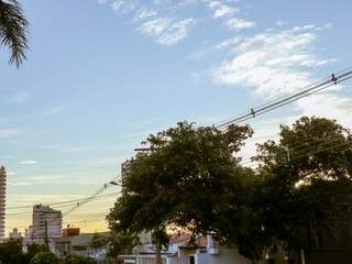 Árvores e prédios compõem cenário de céu com poucas nuvens em Campo Grande (Foto: Henrique Kawaminami) 