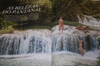 O editorial &quot;As Belezas do Pantanal&quot; teve Jéssica, a psicóloga Maria Thereza Trad e a promotora Carla Chacarosqui nuas, com as belezas de Bonito ao fundo.(Foto: Reprodução)