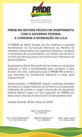 PMDB-MS reitera pedido de rompimento com o Governo Federal