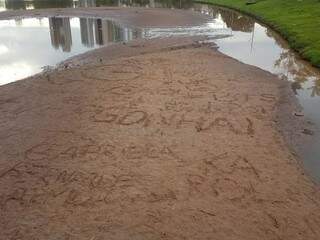 Banco de areia com escritas de nomes, além do &quot;#vergonha&quot;. (Foto: Liniker Ribeiro).