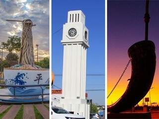 Da esquerda para a direita: Monumento do Sobá, Relógio, e Guampa de Tereré, cada um disposto em uma região da cidade. (fotos: Arquivo CG News)