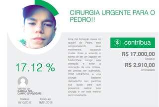 Página do campo-grandense Pedro Augusto Foizer Jeha, de 15 anos, na vaquinha virtual 