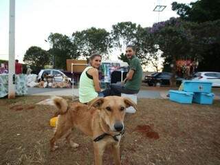 Sérgio, Ana e a cadelinha Cúmia durante a exposição dos produtos que vendem na feira. (Foto: André Bittar) 