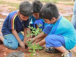 Crianças plantam uma das mudas concedidas pela Águas Guariroba (Foto: Divulgação)