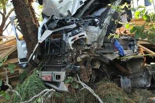 Após colisão em outra carreta, veículo bateu em árvore e ficou totalmente destruído (Foto: Alcides Neto)