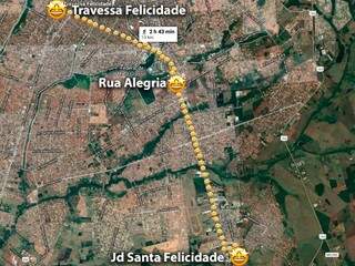No Google Maps, o caminho da Felicidade é quase uma linha reta e dura 13 km.