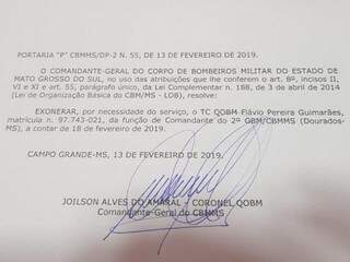 Decreto a ser publicado com validade a partir do dia 18, antecipando a saída de Flávio Guimarães do comando do Corpo de Bombeiros de Dourados (Reprodução)
