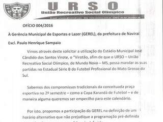 Documento enviado pelo Urso a Gerência Municipal de Esportes de Naviarí (Foto: Reprodução / Urso)