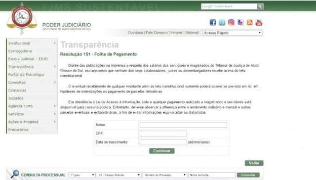 TJ muda Portal da Transpar&ecirc;ncia e exige CPF para informar sal&aacute;rios