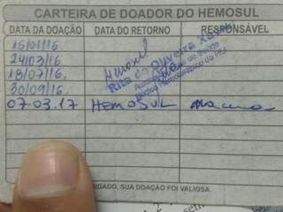 Registro do Hemosul mostra que ele doou sangue no dia 7 (Foto: Direto das ruas)